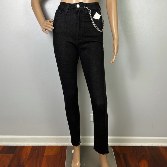NEW WEWOREWHAT REVOLVE BLACK SLIT HEM JEANS - Picture 2 of 8